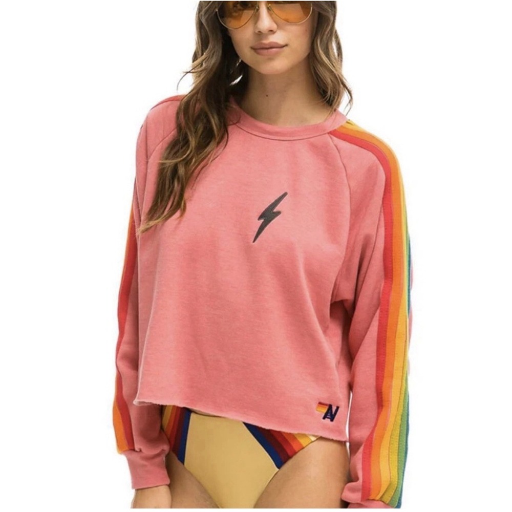 NWOT Aviator Nation Rainbow Stripe Bolt Cropped Sweatshirt Pink Pullover Small